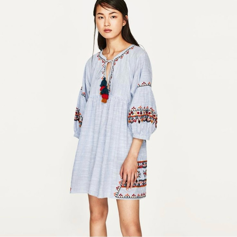 ZARA Pinstripe Floral Embroidered Long Sleeve Tunic Mini Dress Blue Size Small